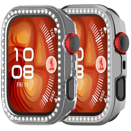 2pack Hülle Kompatibel mit Huawei Watch Fit 4 Bling Diamond Hülle PC Bumper Schutzhüllen Frauen Männer Kristall glänzende Strass Gehäuse Smartwatch Zubehör Gehäuse (Clear Silber) von Yrzper