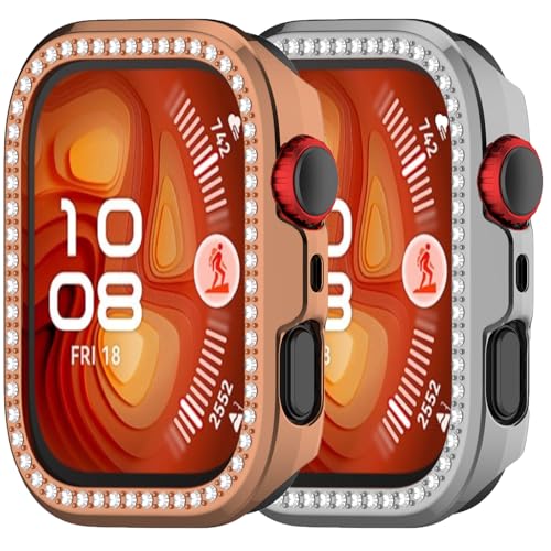 2pack Hülle Kompatibel mit Huawei Watch Fit 4 Bling Diamond Hülle PC Bumper Schutzhüllen Frauen Männer Kristall glänzende Strass Gehäuse Smartwatch Zubehör Gehäuse (Roségold Silber) von Yrzper