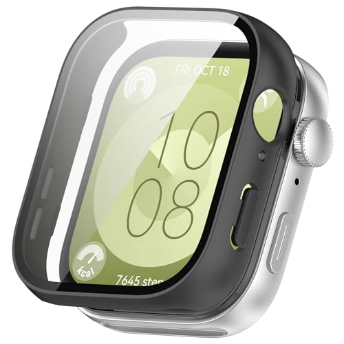 Kompatibel für Huawei Watch Fit 3 Screen Protector Hülle Ultra Thin HD gehärtetes Glas Screen Protection Case Kratzfeste Bumper Cover Defense Edge für Huawei Watch Fit 3 (Mattschwarz) von Yrzper