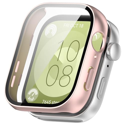Kompatibel für Huawei Watch Fit 3 Screen Protector Hülle Ultra Thin HD gehärtetes Glas Screen Protection Case Kratzfeste Bumper Cover Defense Edge für Huawei Watch Fit 3 (mattrosa) von Yrzper