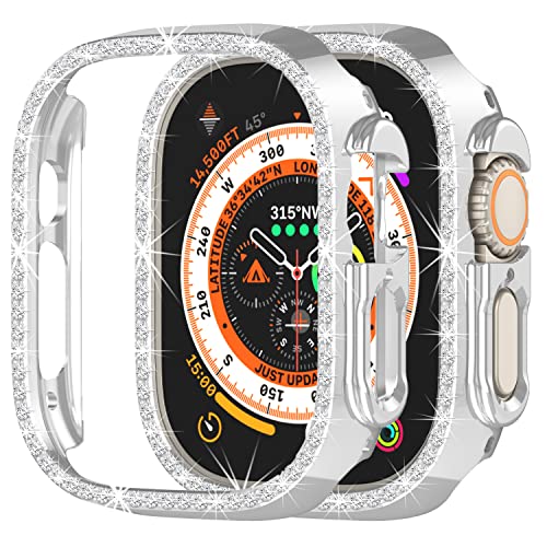 Kompatibel mit Apple Watch Ultra 2 49mm Bling Diamond Case PC Stoßfänger Schutzhüllen Frauen Mädchen Kristall Glänzende Strass Hüllen Smartwatch Zubehör Hülle für Apple Watch Ultra 49mm(Silber) von Yrzper