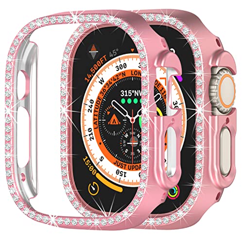 Kompatibel mit Apple Watch Ultra 2 49mm Bling Diamond Case PC Stoßfänger Schutzhüllen Frauen Mädchen Kristall Glänzende Strass Hüllen Smartwatch Zubehör Hülle für Apple Watch Ultra 49mm (Rosa) von Yrzper