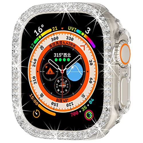 Kompatibel mit Apple Watch Ultra 2 49mm Doppelreihe Bling Diamond Hülle PC Stoßfänger Schutzhüllen Frauen Mädchen Kristall Glänzende Strass Smartwatch Zubehör für Apple Watch Ultra 49mm (Clear) von Yrzper