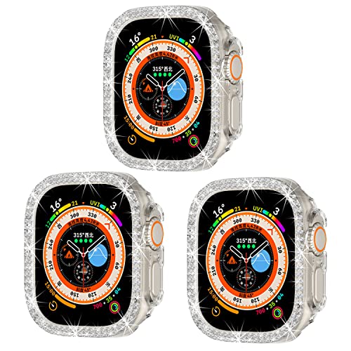 Kompatibel mit Apple Watch Ultra 2 49mm Doppelreihe Bling Diamond Hülle PC Stoßfänger Schutzhüllen Frauen Mädchen Kristall Glänzende Strass Smartwatch Zubehör für Apple Watch Ultra 49mm (3pack) von Yrzper