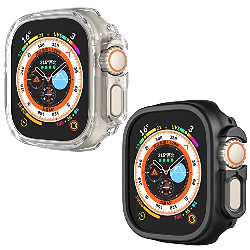 Kompatibel mit Apple Watch Ultra 49 mm Hard PC Case Cover Resistant Impact Shockproof Allround Edge Protective PC Hard Bumper Cover Face für Apple Watch Ultra 49 mm (Klar+Schwarz) von Yrzper