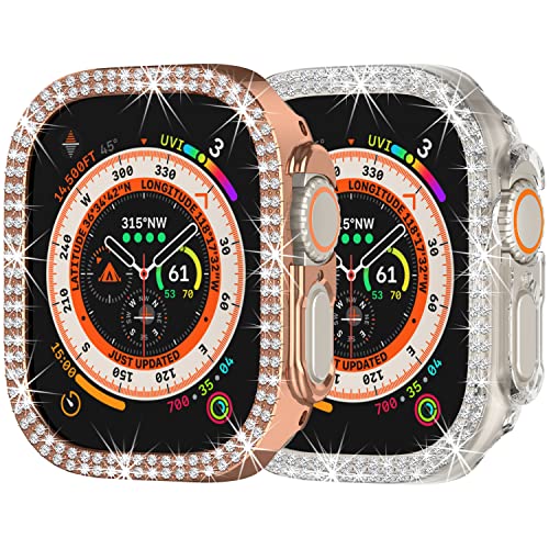 Kompatibel mit Apple Watch Ultra 49mm Doppelreihe Bling Diamond Case PC Stoßfänger Schutzhüllen Frauen Mädchen Kristall Glänzende Strass Hüllen Smartwatch Zubehör Hülle (Klar+Roségold) von Yrzper