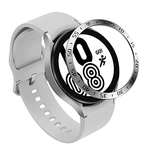 Lünettenring-Styling Kompatibel mit Samsung Galaxy Watch 4 40 mm 44 mm Abdeckung Lünettenring, Edelstahl-Metall-Tachymeter-Anti-Kratz-Schutz, Selbstklebende Displayschutzfolie (44mm, Silber) von Yrzper