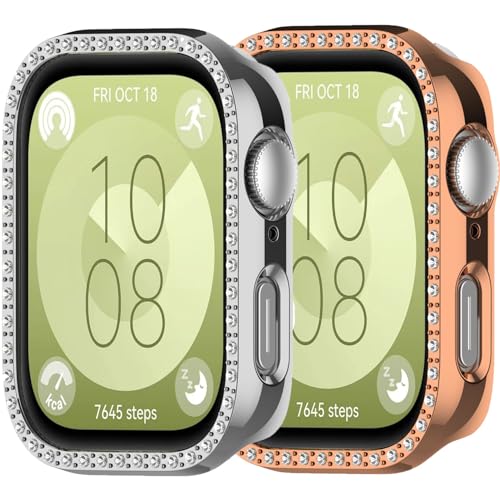 Schutzhülle für Huawei Watch Fit 3, Glitzer-Diamant-Hülle, Polycarbonat, Stoßschutz, für Damen, Mädchen, Herren, kristallglänzende Strasssteine, Smartwatch-Zubehör, 2 Stück (Silber, Roségold) Schutzhülle für Huawei Watch Fit 3, Glitzer-Diamant-Hülle, Polycarbonat, Stoßschutz, für Damen, Mädchen, Herren, kristallglänzende Strasssteine, Smartwatch-Zubehör, 2 Stück (Silber, Roségold) von Yrzper
