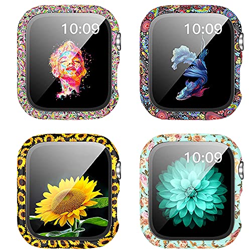 kompatibel für Apple Watch SE Series 6 5 4 3 2 Hülle 360° Rundum PC Schutzhülle mit Leopardenmuster/Blumen und Hartglas-Smartwatch-Displayschutzfolien für Apple Watch 44mm 40mm 42mm 38mm (4pack, 40mm) von Yrzper