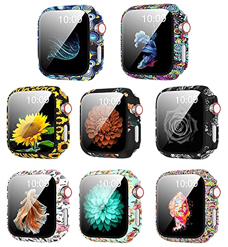 kompatibel für Apple Watch SE Series 6 5 4 3 2 Hülle 360° Rundum PC Schutzhülle mit Leopardenmuster/Blumen und Hartglas-Smartwatch-Displayschutzfolien für Apple Watch 44mm 40mm 42mm 38mm (8pack, 42mm) von Yrzper