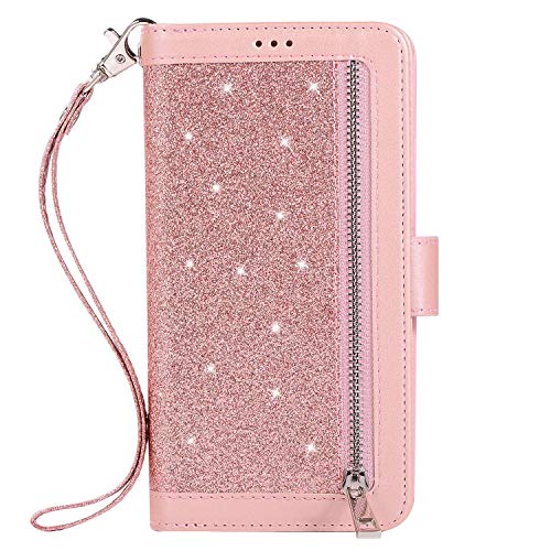 Ysimee kompatibel mit Huawei P20 Lite Hülle Glitzer PU Leder Handyhülle [Reißverschluss] [Kartenslots] [Magnetverschluss] Ständer Funktion Weich TPU Schutzhülle + 1 X Stylus Pen, Rotgold von Ysimee