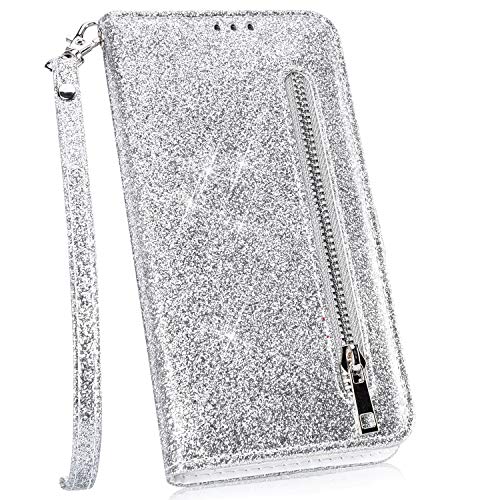 Ysimee kompatibel mit Samsung Galaxy S10 Hülle Schutzhülle Glitter Leder Handyhülle [Reißverschluss] [PU Leder] [Standfunktion] [Kartenfach] [Magnetverschluss] Schlanke Leder Brieftasche, Silber von Ysimee