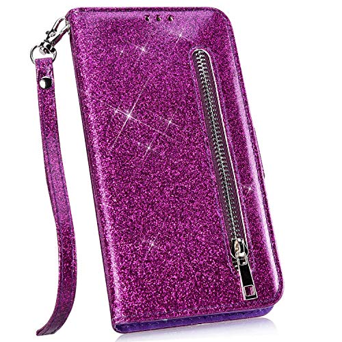 Ysimee kompatibel mit iPhone 7 /iPhone 8 Hülle Schutzhülle Glitter Leder Handyhülle [Reißverschluss] [PU Leder] [Standfunktion] [Kartenfach] [Magnetverschluss] Schlanke Leder Brieftasche, Lila von Ysimee