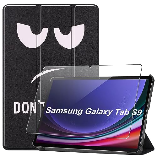 Hülle Kompatibel mit Samsung Galaxy Tab S9, Dunkelschwarz PU Leder Flip Brieftasche Schutzhülle mit EIN Gehärtetes Glas Schutzfolie Displayschutzfolie für Samsung Galaxy Tab S9 (11 Zoll) von Ysjisy