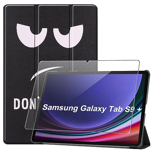 Hülle Kompatibel mit Samsung Galaxy Tab S9 Plus, Dunkelschwarz PU Leder Flip Brieftasche Schutzhülle mit EIN Gehärtetes Glas Schutzfolie Displayschutzfolie für Samsung Galaxy Tab S9 Plus von Ysjisy