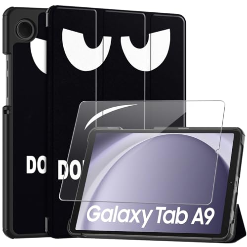 Ysjisy Hülle Kompatibel mit Samsung Galaxy Tab A9, Schwarz PU Leder Flip Brieftasche Schutzhülle mit EIN Gehärtetes Glas Schutzfolie Displayschutzfolie für Samsung Galaxy Tab A9 von Ysjisy