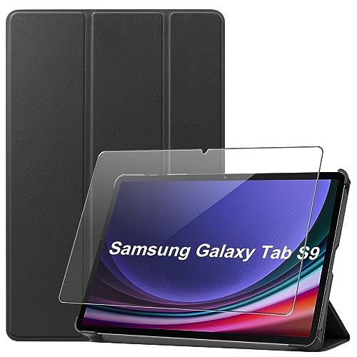 Ysjisy Hülle Kompatibel mit Samsung Galaxy Tab S9, Schwarz PU Leder Flip Brieftasche Schutzhülle mit EIN Gehärtetes Glas Schutzfolie Displayschutzfolie für Samsung Galaxy Tab S9 (11 Zoll) von Ysjisy