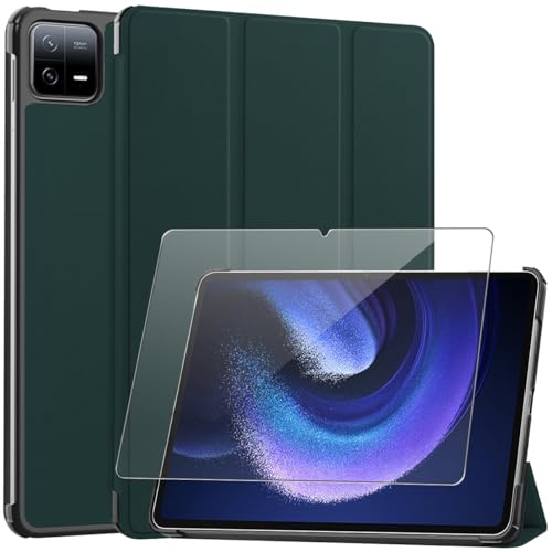 Ysjisy Hülle Kompatibel mit Xiaomi Pad 6 / Xiaomi Pad 6 Pro, Grün PU Leder Flip Brieftasche Schutzhülle mit 1 Stücke Gehärtetes Glas Schutzfolie Displayschutzfolie für Xiaomi Pad 6 von Ysjisy