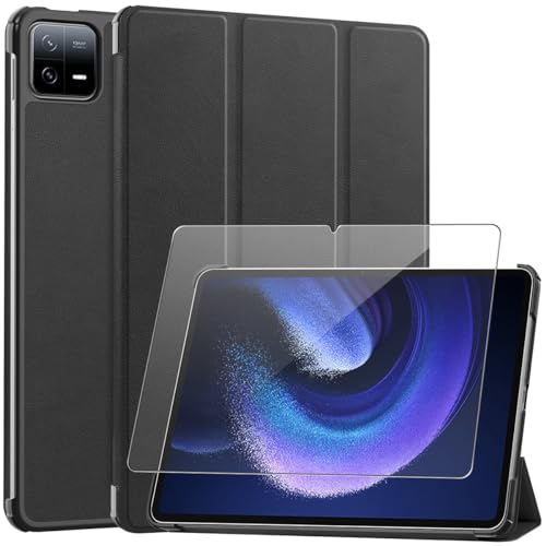 Ysjisy Hülle Kompatibel mit Xiaomi Pad 6 / Xiaomi Pad 6 Pro, Schwarz PU Leder Flip Brieftasche Schutzhülle mit 1 Stücke Gehärtetes Glas Schutzfolie Displayschutzfolie für Xiaomi Pad 6 von Ysjisy