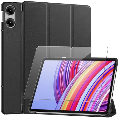 Ysjisy Hülle Kompatibel mit Xiaomi Redmi Pad Pro, Schwarz PU Leder Flip Brieftasche Schutzhülle mit 1 Stücke Gehärtetes Glas Schutzfolie Displayschutzfolie für Xiaomi Redmi Pad Pro von Ysjisy