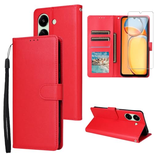 Ysjisy Hülle für Xiaomi Redmi 13C 4G / Xiaomi Poco C65 mit 1 Stücke Schutzfolie, PU Leder Stoßfest Flip Handyhülle, Standfunktion und Kartenfach Schutzhülle (Rot) von Ysjisy