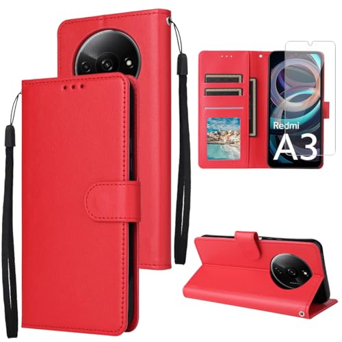 Ysjisy Hülle für Xiaomi Redmi A3 mit 1 Stücke Schutzfolie, PU Leder Stoßfest Flip Handyhülle, Standfunktion und Kartenfach Schutzhülle (Rot) von Ysjisy