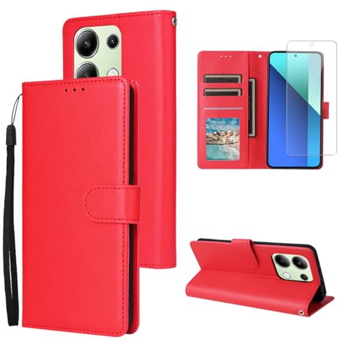 Ysjisy Hülle für Xiaomi Redmi Note 13 4G (Nicht für 5G) mit 1 Stücke Schutzfolie, PU Leder Stoßfest Flip Handyhülle, Standfunktion und Kartenfach Schutzhülle (Rot) von Ysjisy