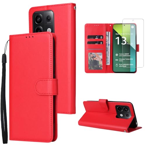 Ysjisy Hülle für Xiaomi Redmi Note 13 Pro 5G (Nicht für 4G) mit 1 Stücke Schutzfolie, PU Leder Stoßfest Flip Handyhülle, Standfunktion und Kartenfach Schutzhülle (Rot) von Ysjisy