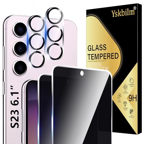 Yskbilm Displayschutzfolie für Samsung Galaxy S23 15,5 cm (6,1 Zoll) + Kameralinsenschutz, Anti-Spionage-Funktion, 9H, bruchsicher, blasenfrei, hüllenfreundlich für Samsung Galaxy S23, 2 + 2 Stück von Yskbilm