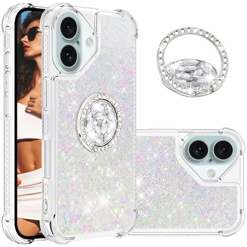 Ysnzaq Bling Liquid Hülle für iPhone 16 6.1", Glitzer Flüssig Quicksand Fließende Soft TPU Stoßfest Handyhülle mit 360 Grad Ring Ständer für iPhone 16 / Apple 16. YBZ White Ysnzaq Bling Liquid Hülle für iPhone 16 6.1", Glitzer Flüssig Quicksand Fließende Soft TPU Stoßfest Handyhülle mit 360 Grad Ring Ständer für iPhone 16 / Apple 16. YBZ White von Ysnzaq