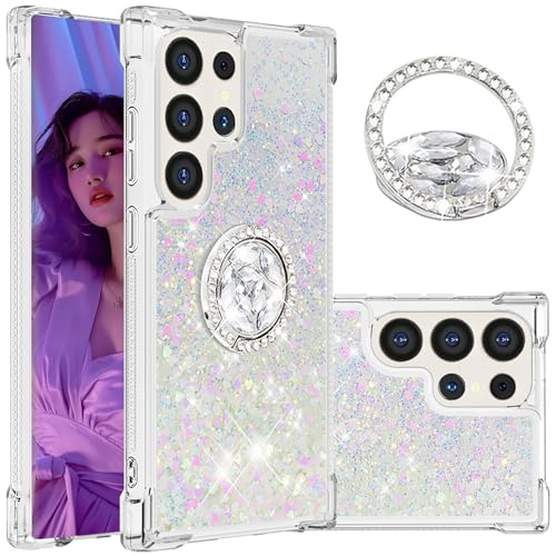 Ysnzaq Glitzer Hülle für Samsung Galaxy S25 Ultra (Nicht S25) Handyhülle mit Ring Ständer, Frauen Mädchen Pailletten Treibsand Fließende Flüssigkeit Schutzhülle für Galaxy S25 Ultra-YBZ White von Ysnzaq