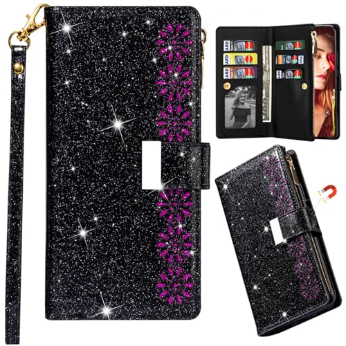 Ysnzaq Brieftasche Hülle für Samsung Galaxy S24, Bling Glitzer Flip PU Ledertasche mit Kartenfach Standfunktion Handyhülle für Samsung Galaxy S24.SF Black von Ysnzaq