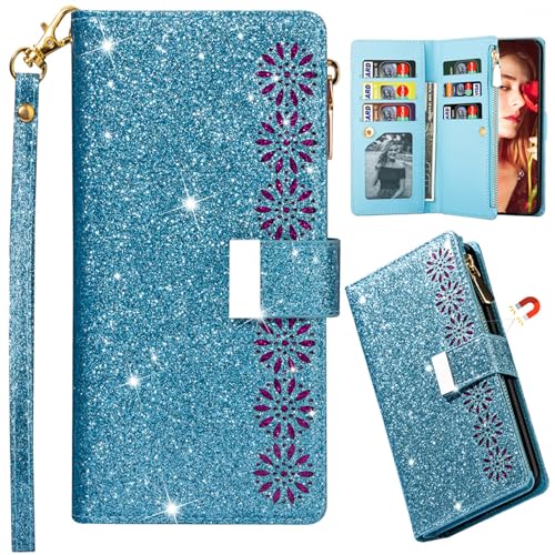 Ysnzaq Brieftasche Hülle für Samsung Galaxy S24 Ultra (Not S24), Bling Glitzer Flip PU Ledertasche mit Kartenfach Standfunktion Handyhülle für Samsung Galaxy S24 Ultra.SF Blue von Ysnzaq