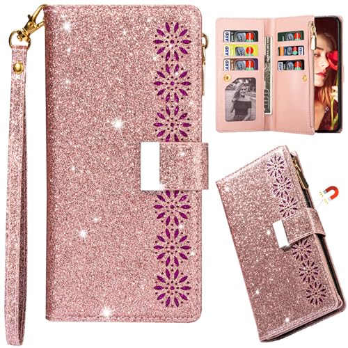 Ysnzaq Brieftasche Hülle für Samsung Galaxy S24 Ultra (Not S24), Bling Glitzer Flip PU Ledertasche mit Kartenfach Standfunktion Handyhülle für Samsung Galaxy S24 Ultra.SF Rose Gold von Ysnzaq