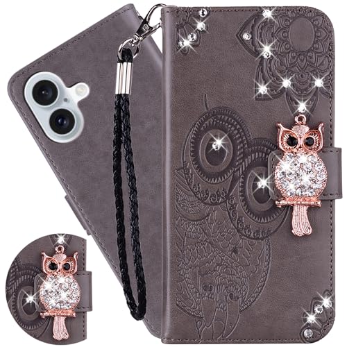 Ysnzaq Brieftasche Klapphülle Hülle für iPhone 16 6.1", 3D Prägung Owl Bling Glitzer PU Leder mit Standfuntion Stoßfeste Handyhülle für iPhone 16 / Apple 16.YK Gray Ysnzaq Brieftasche Klapphülle Hülle für iPhone 16 6.1", 3D Prägung Owl Bling Glitzer PU Leder mit Standfuntion Stoßfeste Handyhülle für iPhone 16 / Apple 16.YK Gray von Ysnzaq