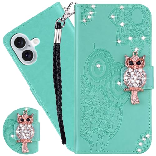 Ysnzaq Brieftasche Klapphülle Hülle für iPhone 16 Plus 6.7", 3D Prägung Owl Bling Glitzer PU Leder mit Standfuntion Stoßfeste Handyhülle für iPhone 16 Plus/Apple 16 Plus.YK Green Ysnzaq Brieftasche Klapphülle Hülle für iPhone 16 Plus 6.7", 3D Prägung Owl Bling Glitzer PU Leder mit Standfuntion Stoßfeste Handyhülle für iPhone 16 Plus/Apple 16 Plus.YK Green von Ysnzaq