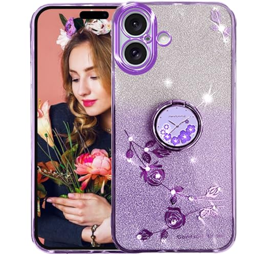 Ysnzaq Glitzer Blumen Hülle für iPhone 16 6.1" mit Ring Halter, Bling Sparkle Silikon Weich TPU Stoßfest Bumper Handyhülle für iPhone 16 / Apple 16 YSH Purple Ysnzaq Glitzer Blumen Hülle für iPhone 16 6.1" mit Ring Halter, Bling Sparkle Silikon Weich TPU Stoßfest Bumper Handyhülle für iPhone 16 / Apple 16 YSH Purple von Ysnzaq