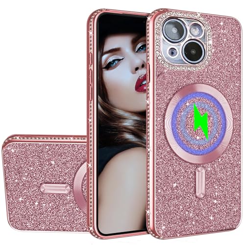 Ysnzaq Glitzer Diamond Hülle für Apple iPhone 15 6.1" Kompatibel mit Magsafe, Bling Sparkle Silikon TPU Ultra Dünn Luxus Stoßfest Bumper Handyhülle für Apple iPhone 15.KL Rose Gold von Ysnzaq