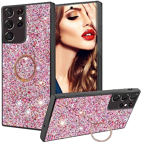 Ysnzaq Glitzer Handyhülle für Samsung Galaxy S21 Ultra 6.8", Bling Sparkle Mädchen Hülle mit Ringständer Ultra Dünn Bumper Stoßfest Case für Samsung Galaxy S21 Ultra. CZ Pink von Ysnzaq