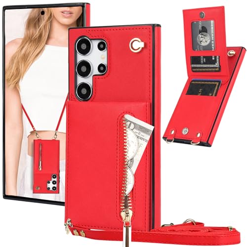 Ysnzaq Handykette Hülle für Samsung Galaxy S25 Ultra (Not S25) mit Band, PU Leder Geldbörse mit Kartenfächern Verstellbarem Lanyard Stoßfeste Handyhülle für Samsung Galaxy S25 Ultra.XK Red von Ysnzaq