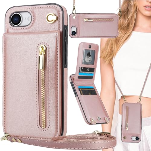 Ysnzaq Handykette Hülle für iPhone 16E 2025 mit Band, PU Leder Geldbörse mit Kartenfächern Verstellbarem Lanyard Stoßfeste Handyhülle für Apple iPhone 16E 6,1"-XK Rose Gold von Ysnzaq