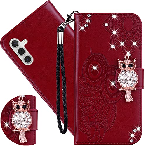 Ysnzaq Hülle Case für Samsung Galaxy A04S 6.5", Owl Embossed Bling Glitzer PU Leder Brieftasche Klapphülle mit Standfuntion Stoßfeste Handyhülle Schutzhülle für Galaxy A04S YK Red von Ysnzaq