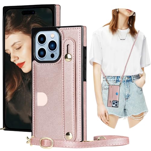 Ysnzaq Hülle für Apple iPhone 15 Pro 6.1" mit Umhängeband, PU Leder Brieftasche Frauen Mädchen Stoßfeste Schutzhülle mit Kartenfächer Lanyard Hülle für Apple iPhone 15 Pro. ZY Rose Gold von Ysnzaq