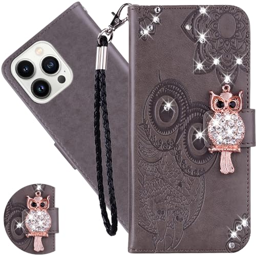 Ysnzaq Hülle für Apple iPhone 15 Pro Max 6.7", Owl Embossed Bling Glitzer PU Leder Brieftasche Klapphülle mit Standfuntion Stoßfeste Handyhülle für Apple iPhone 15 Pro Max.YK Gray Ysnzaq Hülle für Apple iPhone 15 Pro Max 6.7", Owl Embossed Bling Glitzer PU Leder Brieftasche Klapphülle mit Standfuntion Stoßfeste Handyhülle für Apple iPhone 15 Pro Max.YK Gray von Ysnzaq