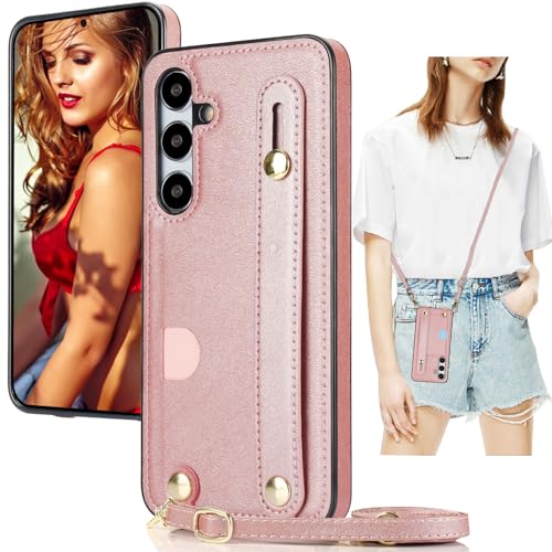 Ysnzaq Hülle für Samsung Galaxy S24 Plus mit Band, PU Leder Brieftasche Frauen Mädchen Stoßfeste Schutzhülle mit Handykette Hülle für Samsung Galaxy S24 Plus / S24+. ZY Rose Gold von Ysnzaq