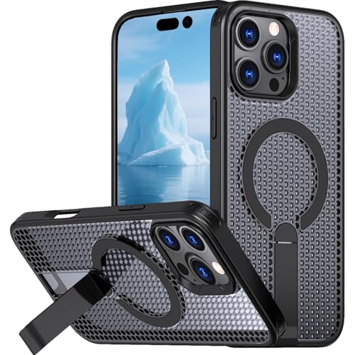 Ysnzaq Magnetische Wärmeableitungs Hülle für iPhone 16 Pro, [Kompatibel mit Magsafe] Mesh Waben Atmungsaktive Schutzhülle mit Unsichtbar Ständer Handyhülle für Apple iPhone 16 Pro-FX Black von Ysnzaq