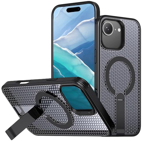Ysnzaq Magnetische Wärmeableitungs Hülle für iPhone 16E 2025, [Kompatibel mit Magsafe] Mesh Waben Atmungsaktive Schutzhülle mit Unsichtbar Ständer Handyhülle für Apple iPhone 16E-FX Black von Ysnzaq