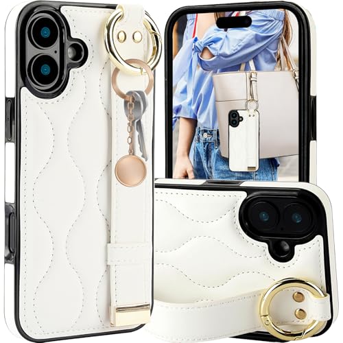 Ysnzaq für iPhone 16 Plus 6.7" Hülle mit Handgelenkschlaufe, Premium PU Leder mit Metal Ring Halter Stoßfest Handyhülle für iPhone 16 Plus/Apple 16 Plus.WD White Ysnzaq für iPhone 16 Plus 6.7" Hülle mit Handgelenkschlaufe, Premium PU Leder mit Metal Ring Halter Stoßfest Handyhülle für iPhone 16 Plus/Apple 16 Plus.WD White von Ysnzaq