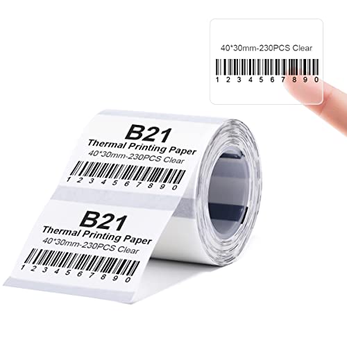 Etikettendrucker-Band Kompatibel für NIIMBOT B21/B1/B3S, Barcode Preis Etiketten Drucker Papier Wasserdicht Anti-Öl Kratzfest Aufkleber Klar 40x30mm 230 Etiketten von YuLinca