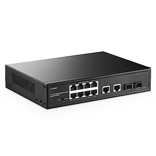 YuLinca 12 Port Gigabit PoE Switch, 8 GE PoE+, 2 GE Uplink, 2 Gigabit SFP Slot, IEEE802.3af/at Max 120W, Lüfterloser Unmanaged Plug&Play Ethernet Switch von YuLinca